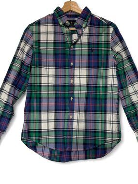 Ralph Lauren Boys Plaid Button Up Shirt Size L 14-16 Natural Stretch Collared